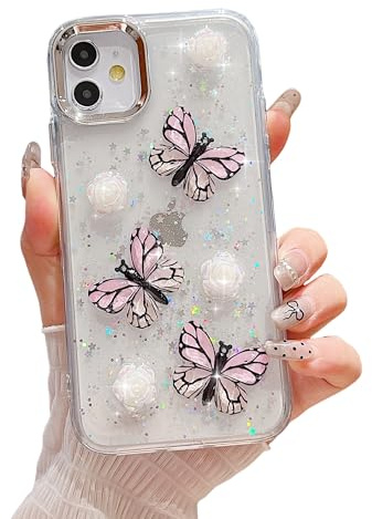 ZTUOK Fodral för iPhone 15 för kvinnor, flickor, söt 3D-fjäril blommig design gnistrande glitter bling mjukt TPU-skydd, stötsäkert, skyddande telefonfodral för iPhone 15 – rosa