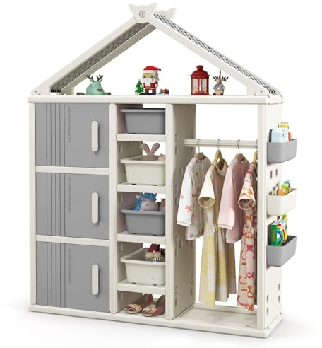 COSTWAY Kids Storage Closet, Children Wardrobe with Clothes Rail, Toy Bins, Shelves, Side Baskets, Open Dress Up Armoire Organizer for Boys Girls (Grey)