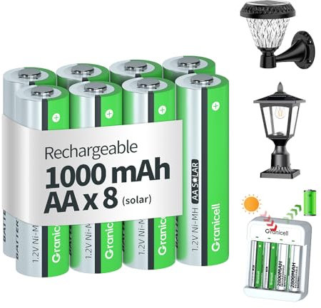 Granicell Rechargeable Batteries 8 PCS, 1.2V, 1000mAh AA Solar Batteries, Pre-Charged, High Capacity Double A Ni-MH Battery, Ideal for Solar Lights, String Lights and Household Equipment