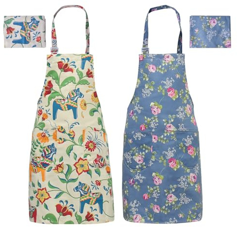 Duronge 2 Pezzi Grembiule Cucina Donna Vintage Cotone Floreale con Tasche, grembiule da cucina con tasche Grembiule da Cuoco Vintage Grembiule Chef Regolabile per Cucinare Cottura e Giardinaggio