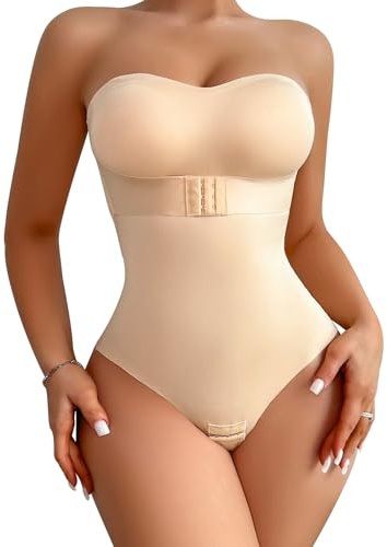 USEASY Shapewear Bodysuit Tummy Control Strapless Bra Shapewear for Women Strapless Faja Body Shaper Thong Light Shapewear Beige M