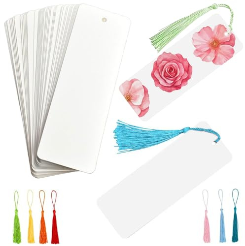xinxinlovee Blanko Lesezeichen, 40 Stück Leeres Lesezeichen mit 40 Bunten Quasten, Papier lesezeichen Basteln mit Loch, für DIY Handwerk Geschenkanhänger (Weiß, 15x5cm)