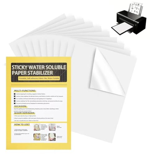 10PCS A4 Water-Soluble Embroidery Paper, Stick & Stitch Patterns, Printable Dissolvable Stabilizer, Transfer Paper for Hand and Machine Embroidery