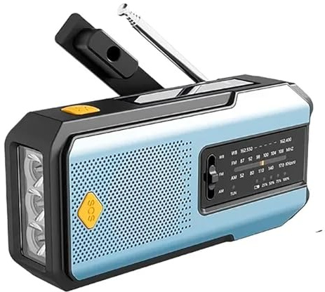 Radio de Emergencia Solar con Manivela, Alternativa Ecológica a Radio a Pilas, con Linterna LED de Alta Intensidad, Alarma SOS para Camping, Apagones y Supervivencia (Azul Celeste)