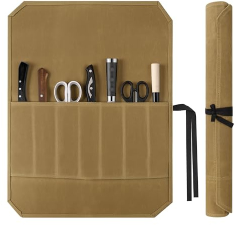 Hahorpa Chefs Knife Roll Bag, Waterproof Canvas Chef Bag with 7 Slots, Heavy Duty Waxed Knife Roll for Chefs, Suitable for Outdoor Camping Hiking, Ideal Gifts for Men Fathers