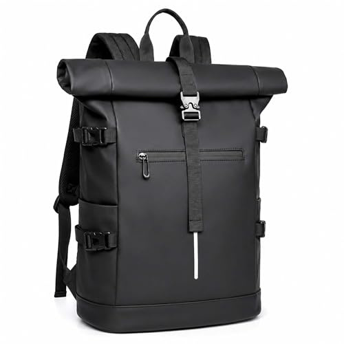Cilnos Rolltop ryggsäck för kvinnor och män, 23–30 l vattentät utdragbar ryggsäck med datorfack för 17 tums bärbar dator, reflekterande ränder för cykling, pendling, universitet och arbete, svart, L