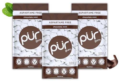 PUR Gum | Sugar Free Chewing Gum | Made with Xylitol | Vegan, Aspartame Free, Gluten Free and Keto Friendly | Natural Chocolate Mint Flavoured Gum, 55 Pieces (Pack of 3)