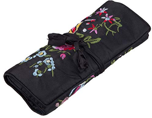 TUMBEELLUWA Embroidery Travel Jewelry Bag Roll Embroidered Flower and Bird Brocade Organizer with Tie Close, Black