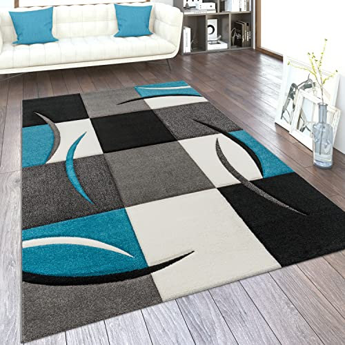 Paco Home Teppich Wohnzimmer Kurzflor Schlafzimmer Modern Geometrisches Muster Kariert Meliert, Grösse:120x170 cm, Farbe:Türkis