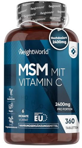 MSM Tabletten - 2400mg mit 100mg Vitamin C - 360 vegane Tabletten für 6 Monate Vorrat - Methylsulfonylmethan & Vit C - Alternative zu MSM Pulver & Kapseln - Frei von Magnesiumstearat - WeightWorld