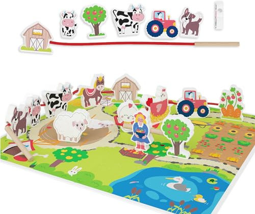Merle Toys® Fädelspiel ab 2 Jahre aus 100% nachhaltigem Buchenholz, Bauernhof Spielzeug ab 2 Jahre, Montessori Spielzeug 2 Jahre, Auffädeln Spiel mit 12 großen Holzfiguren und Spielbrett