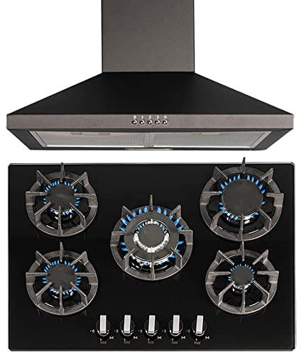 SIA R8 70cm Black 5 Burner Gas On Glass Hob With Cast Iron Pan Stands & SIA CHL70BL 70cm Chimney Cooker Hood Kitchen Extractor Fan in Black