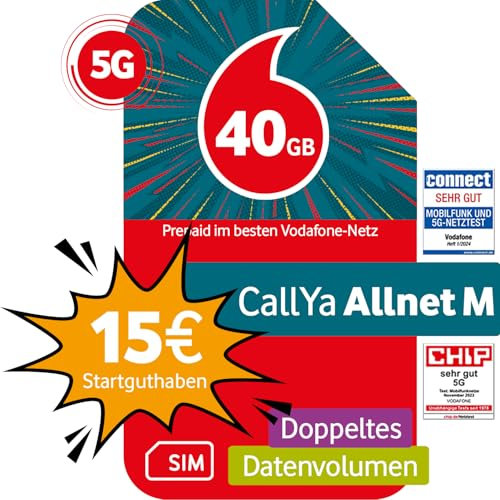 Vodafone Prepaid CallYa M | 30 GB | 15 EUR Startguthaben | ohne Vertrag | 5G-Netz | Telefon- SMS-Flat | EU-Roaming