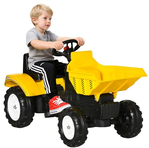 Aosom Ride On Excavator with Manual Control Bucket, No Power Ride on Tractor Pedal Car Pretend Play with Forward Backward, for Aged 3-6 Years Old, Yellow