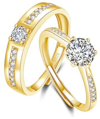 Kamise Silber Paar Ringe Set, 925 Sterling Silber Trauringe für Damen & Herren, Einstellbar Zirkonia Band Ring Verlobungsring Hochzeitsring, Offen Gold Eheringe Passende Partner Ringe mit Geschenkbox