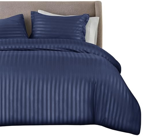 QATAN Premium Hotel Quality Satin Stripe Duvet Cover Set with Pillowcases | Reversible Hypoallergenic Soft Quilt Bedding | Easy Care Breathable Luxury Linen (Navy, King)