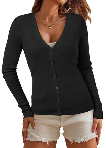 Arach&Cloz 2024 Wool Blended Ribbed Black Cardigan for Women Sweater Long Sleeve Lightweight Clothes Button Down V Neck Knit Outfits Fall Fashion Tops Western Cashmere Business Casual Work Teacher