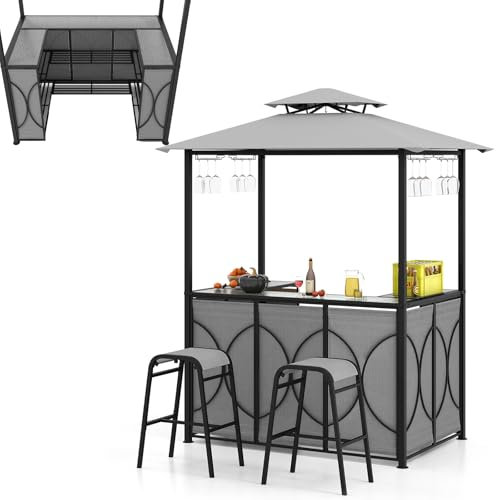 HOMASIS Gazebo pour barbecue avec banc de bar et 2 tabourets, tonnelle extérieure résistante avec double toit, tonnelle de jardin, résistante à la pluie et au feu, 194 x 121 x 242 cm (gris)