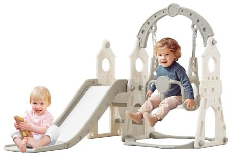 3 in 1 Slide and Swing Set for Kids,Toddler Swing,Toddler Swing and Slide Set,Basketball Hoop Garden Climbing Frames (White＋gray)