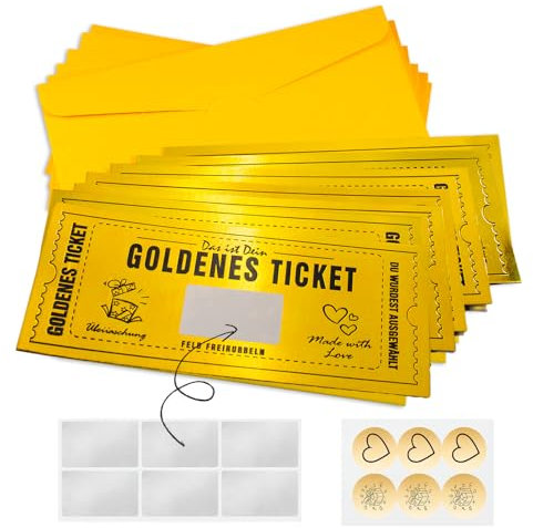 6 Set Goldenes Ticket Gutschein Rubbel, Gutschein zum Selber Ausfüllen mit Rubbelaufkleber, Rubbellose Selber Machen, Rubbelkarte zum Beschriften, Geburtstagskarte Kinogutschein Geschenke für Frauen