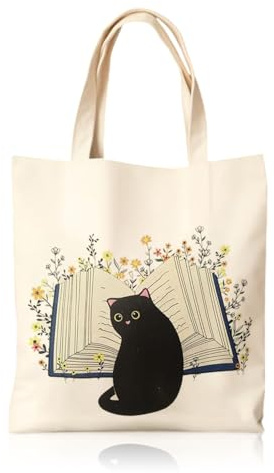 TUONYIS Bolsa de lona con cremallera, bolsa de compras reutilizable de algodón con bolsillo, bonitas bolsas de playa estéticas para mujeres con estampado de gato