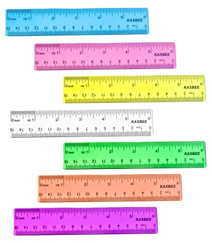 6 Inch Rulers, Colored Clear Rulers, Centimeters and Inches, Plastic Ruler for Kids, School, Home, Office, Pack of 7
