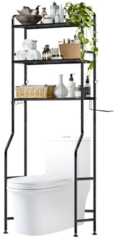 QIANBAIYI Waschmaschinenregal, WC-Regal über Waschmaschine, Toilettenschrank, 3 Ablagen, Handtuchhalter, 62x163x22 cm,Schwarz