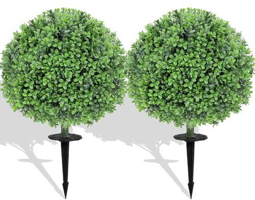 Artificial Boxwood Topiary Balls – Set of 2 UV-Resistant 23 Faux Shrubs with Ground Spikes, Decorative Evergreen Plants for Outdoor Planters, Porch, Patio, Garden or Indoor Decor