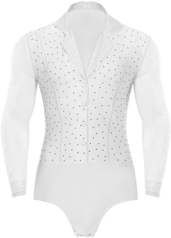 Sxiwei Herren Strass Latein Tanz Body Langarm Tanzhemd Bodysuit Sheer Mesh Tango Rumba Trikot Lateinischer Tanzanzug Weiß L