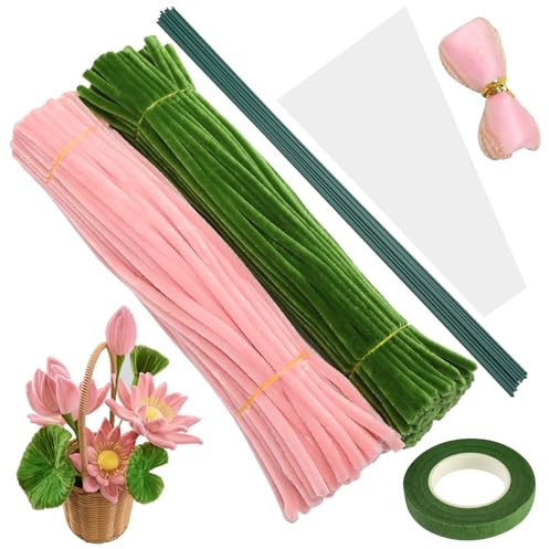 200 Piezas de Limpiapipas para Manualidades, Limpia Pipas Verde Rosa 30 cm con Cinta y Tallos de Flores, Juego de Limpiapipas para Hacer Flores, Manualidades, Regalos de Ramos