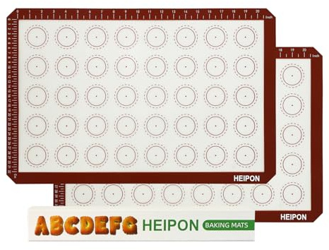 HEIPON Tappetino da forno in silicone per macaron, 57 x 36 cm, due pezzi, tappetini da pasticceria, antiaderente, 40 stampi per macaron, fogli per biscotti, tappetino da forno riutilizzabile (rosso e