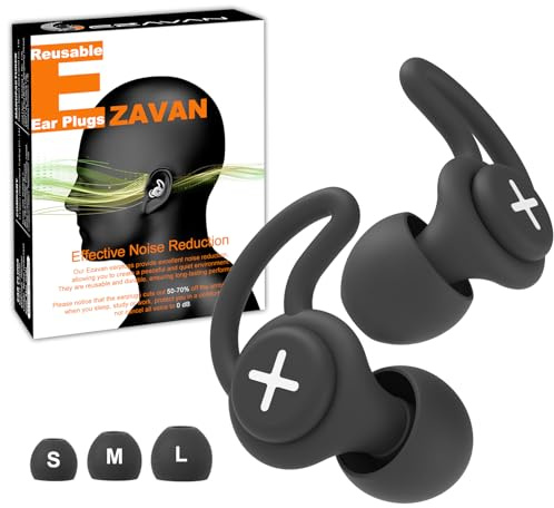 Ezavan Bouchons d'oreilles pour dormir - Réduction du bruit - Réutilisables - En silicone - Pour concerts - Protection auditive - Avec 6 bouchons d'oreille en tailles S/M/L (noir, taille standard)