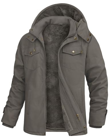 Xnova Mens Winter Parka Jackets Warm Fleece Lined Cotton Cargo Coats with Removable Hooded Zip Up Military Jacket Windbreaker Outerwear for Outdoor Work, Grey, M