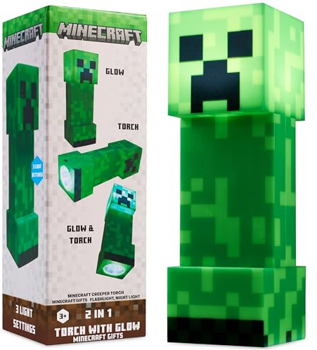 Minecraft Linterna Infantil Creeper, Luz LED 2 en 1, Luz Nocturna y Antorcha USB o Pilas, Decoración Gamer, Regalo para Niños