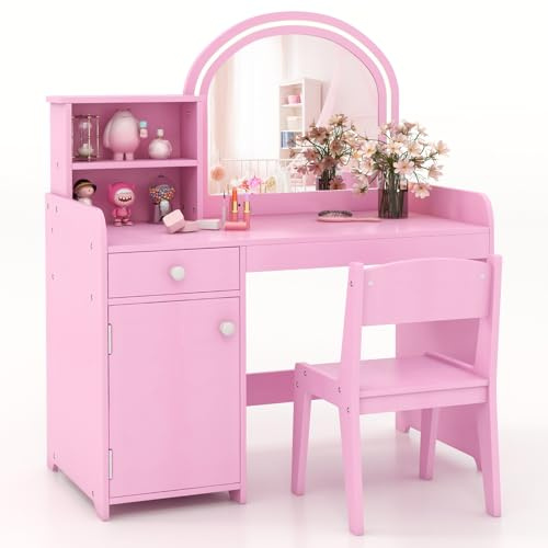 Maxmass Kids Vanity Table and Chair, Wooden Children Study Table with 2-Color LED Lights Mirror, 2-Tier Shelf, Drawer & Cabinet, Multifunctional Dressing Table Set for Toddlers (Pink)