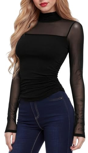 viiotu Long Sleeve Mesh Tops for Women Sexy Sheer Tops Going Out Top for Party Daily Wear Date (UK, Alpha, S, Regular, Regular, Black)