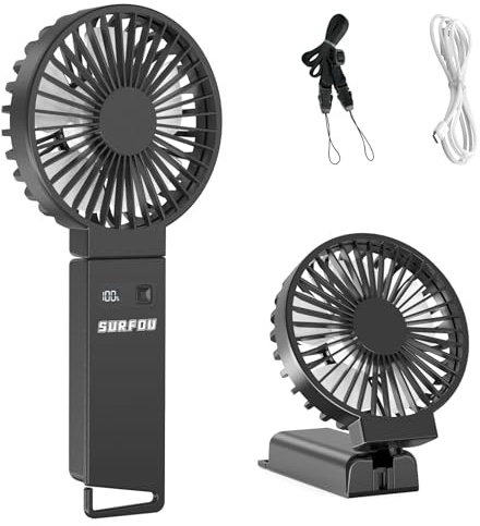 SURFOU Ventilador Portatil 4000 mAh, Mini Modelo de Mano con 4 Velocidades, Recargable por USB-C, Silencioso y de Gran Autonomía, para Viajes, Oficina y al Aire Libre