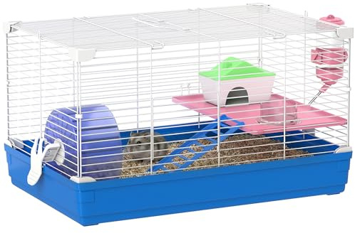 PawHut Jaula para Hámster, Rueda, Cuenco, para Jerbos, 47x30x27 cm, Azul