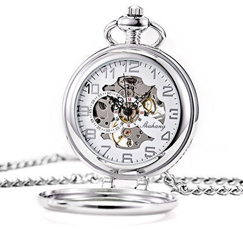 TREEWETO Unisex Taschenuhr mit Kette Analog Handaufzug Stehende Lupe Skelett Silber