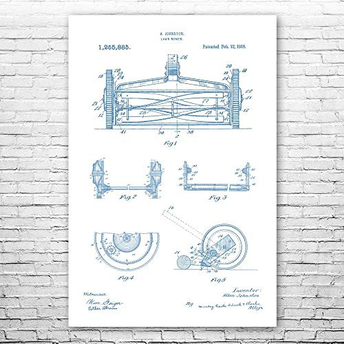 Reel Lawn Mower Poster Print, Hardware Store Decor, Garage Wall Art, Gardener Gift, Landscaper Gifts, Tool Shed Art Blue & White (18 inch x 24 inch)