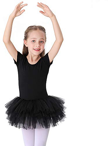 Bezioner Kinder Ballettkleidung Tütü Ballettkleid Mädchen Baumwolle Balletttrikot Kurzarm Ballettanzug Tanzbody mit Rock Schwarz 120