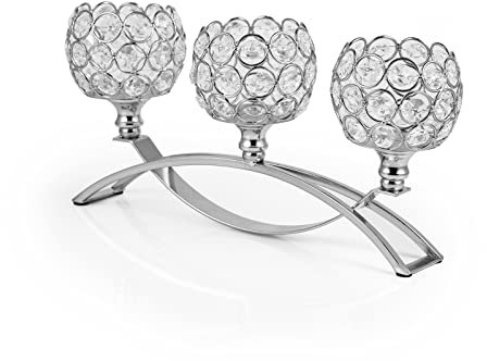 VINCIGANT 3 Arms Crystal Candle Holders, Arch Tealight Candelabras for Centerpieces, Wedding, Fireplace, Dining Table, Anniversary, Christmas Decorations, Sliver