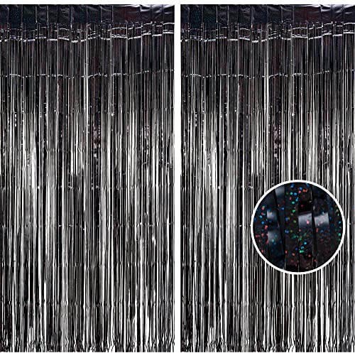 BRAVESHINE Graduation Decorations 2026 Black Foil Fringe Curtains Metallic Tinsel Fringe Party Streamers Backdrop for Prom Birthday Retirement Eid Decorations Halloween Party Decorations- 2 Pcs 1x2.5m
