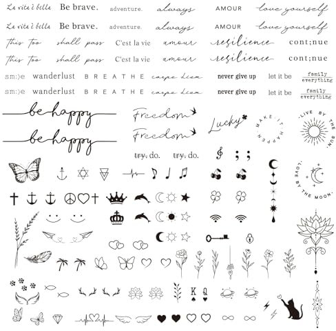 3hojas 130pcs+ Tatuajes Temporales Pequeño de Hojas Flores Negro De Larga Duración para Niños Adultos Mujers Hombres Decoración Cumpleaños Fiesta (negro-inglés)