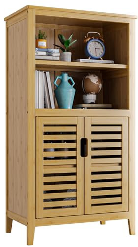 HITNET Badezimmer Schrank, Freistehende Seite Aufbewahrungs Organizer Einheit mit Doppelten Lamellentüren und Bewegliches Regal, Bambus Küchenschrank, Natur