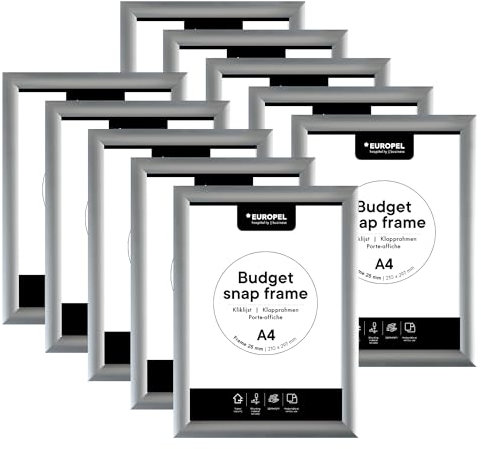 Europel Klapprahmen Budget, Packung 10 Stück A4 mit 25 mm Aluminium-Profil - aufklappbarer Plakatrahmen mit Gehrungsecke - Schnapprahmen für u.a. Poster, Zertifikate, Fotos & Werbemittel - Silber