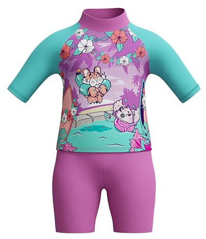 Speedo Learn to Swim Sun Protection Top & Shorts, Junior Girls, Holiday Wear, UV Protection Traje de baño de Dos Piezas para Niñas, Neon Violet, 5 années