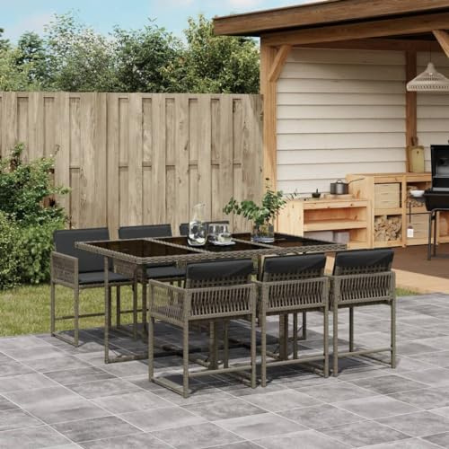 Faroom Polyrattan Sitzgruppe for 6 Personen - Gartenmöbel Set 6 Stühle mit Tisch mit Glasplatte & Kissen - Garten Sitzgruppe - Polyrattan Gartenmöbel Set für Garten & Terrasse Grau AS 6
