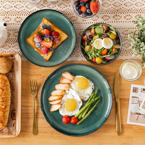 vancasso Série STARRY Service de Table 12 Pièces en Porcelaine, Service Vaisselle 4 Personnes, avec 4 Assiettes Plates, 4 Assiettes à Dessert, 4 Bols à Céréales, Vert à Émail Réactif