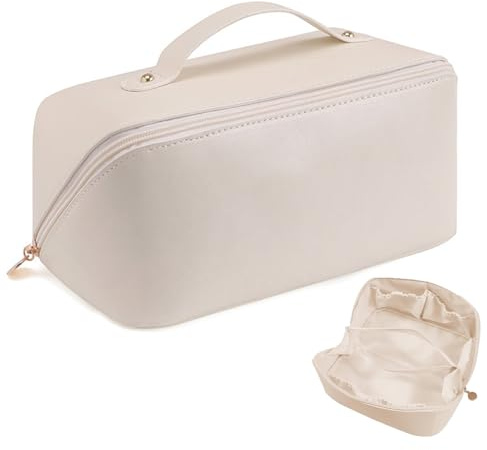 Open Flat Makeup Bag for Women, Large Capacity Make up Organiser Bag for Girls with Compartments & Handle PU Leather Waterproof Travel Cosmetic Bag for Woman Girl Toiletry Bag(Beige)